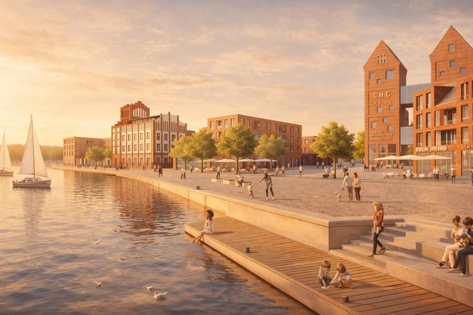 Visualisierung des Hafenquartiers in Neustadt in Holstein: Promenade am Wasser, Backsteingebäude, Menschen am Kai