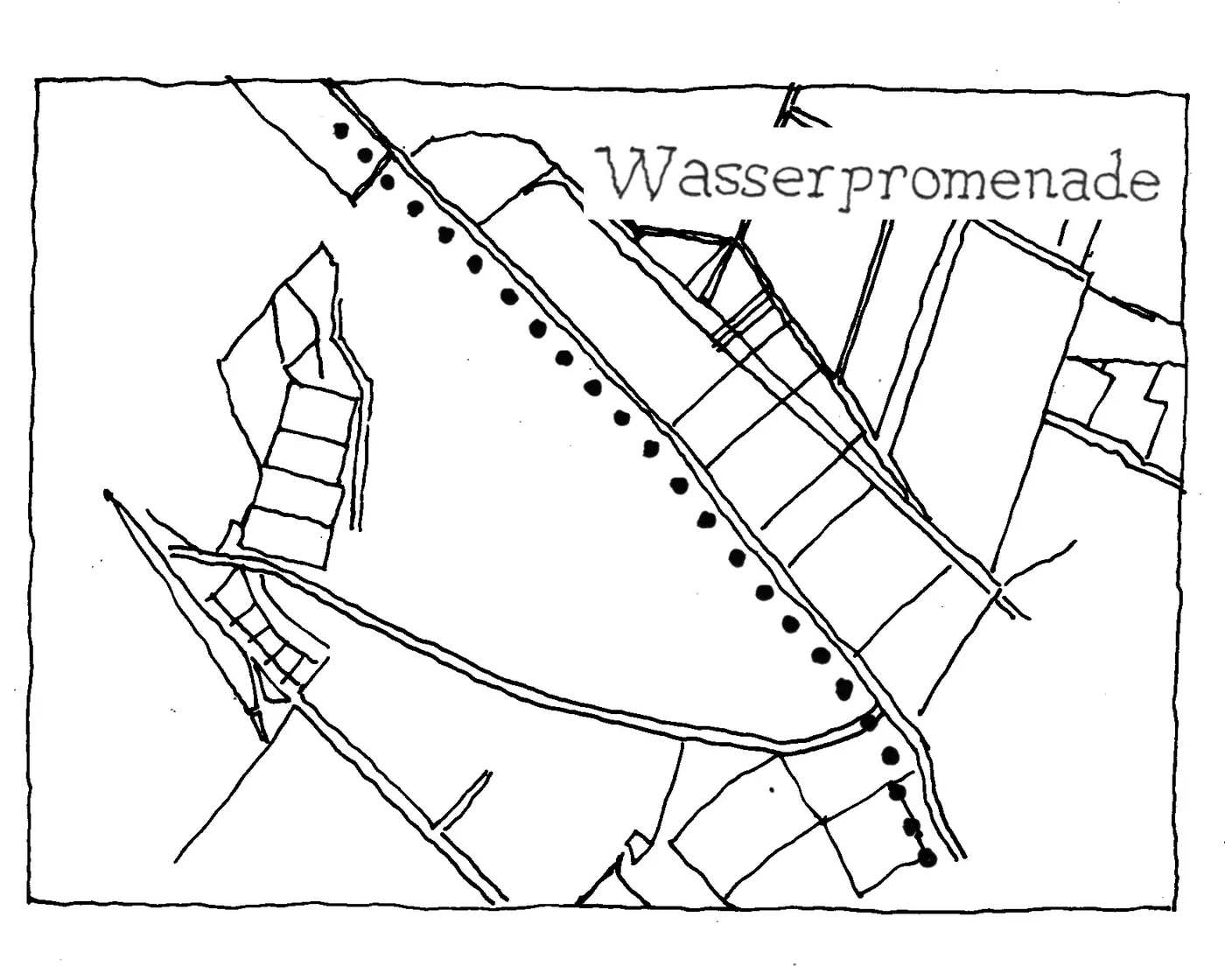 Handskizze eines Quartiersplans mit dem Schriftzug „Wasserpromenade“ aus der Visionenwerkstatt Schlaatz