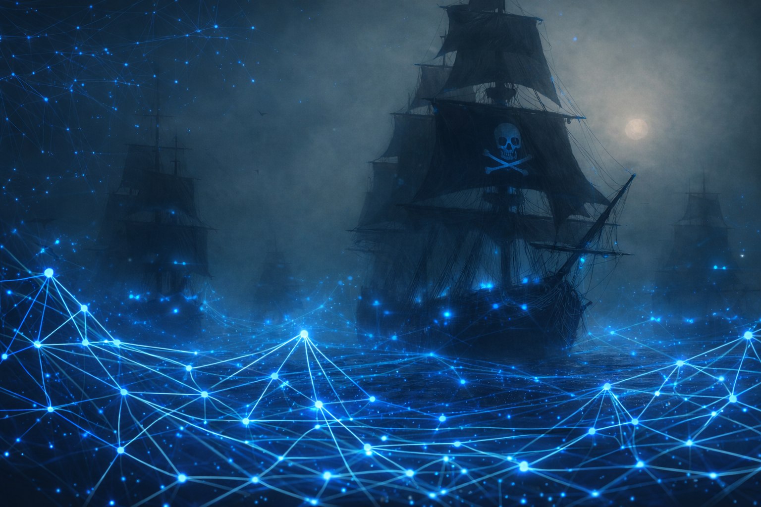 Eine Flotte dunkler Segelschiffe im Nebel, die durch ein leuchtend blaues Netzwerk-Gewebe fährt