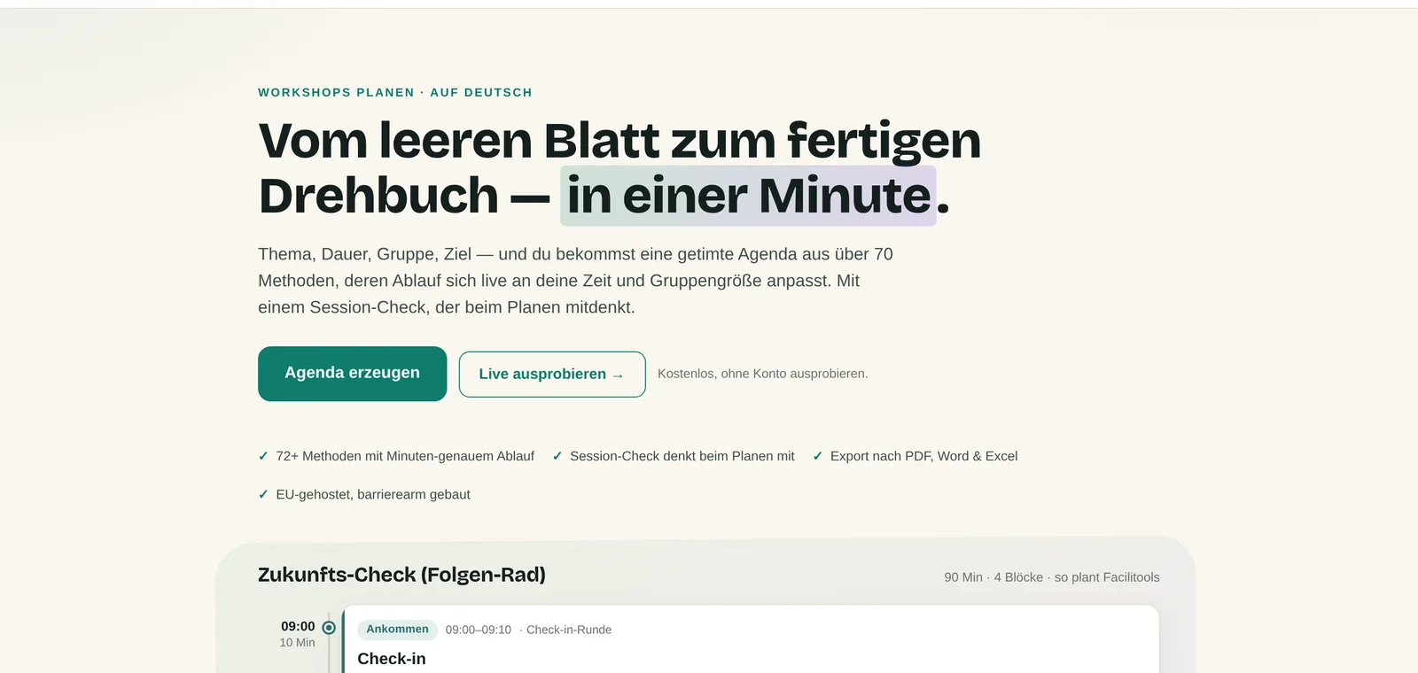 Facilitools: getimte Workshop-Agenda mit Methodenbausteinen im Browser