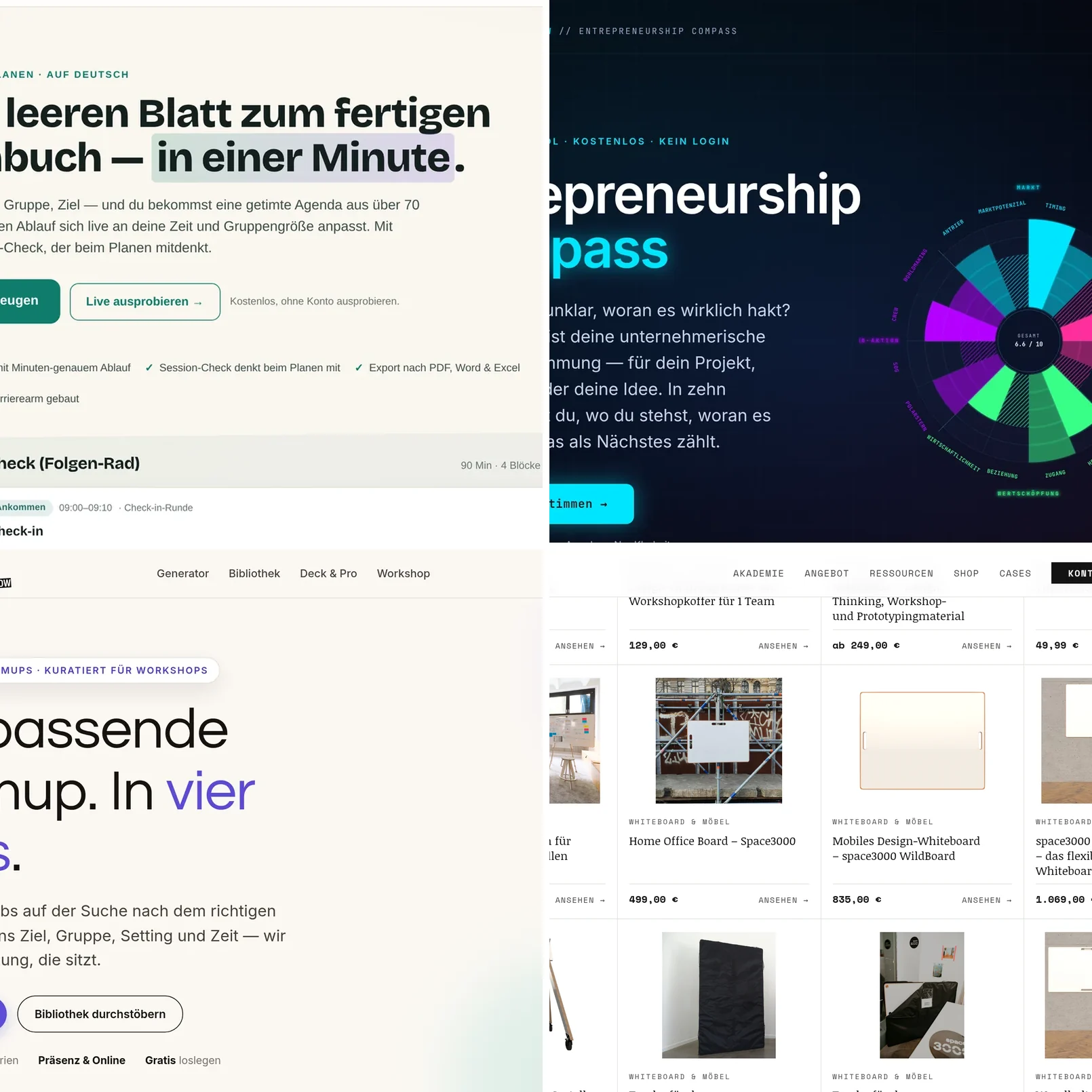Die Werkzeuge von Tools for Tomorrow: Facilitools, Compass, Warm-ups und Shop