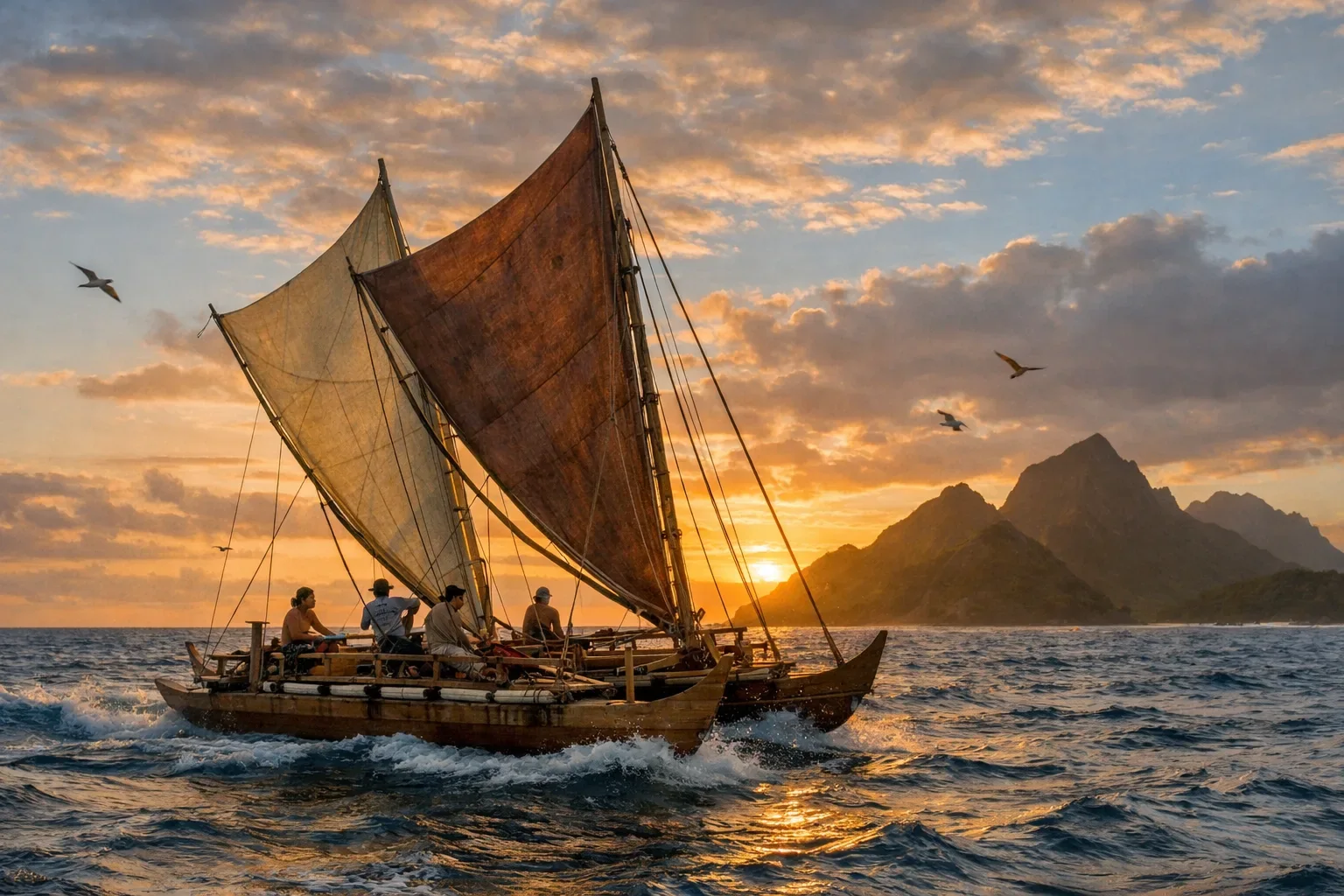Segelboot mit Crew läuft bei Sonnenuntergang auf die offene See hinaus
