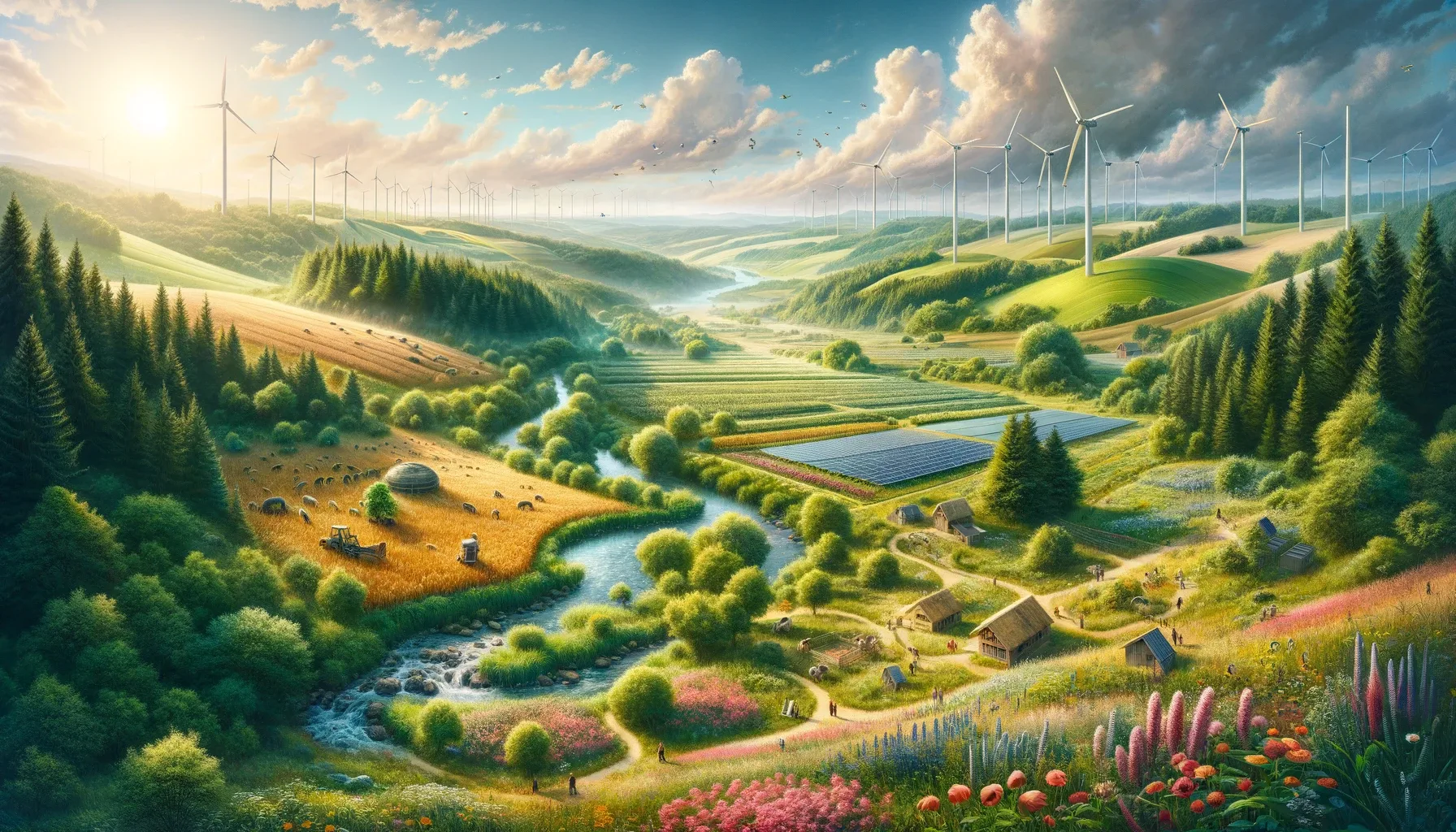 Was sind regenerative Prinzipien, Bild eines intakten Ökosystems mit Photovoltaik und Windkraft