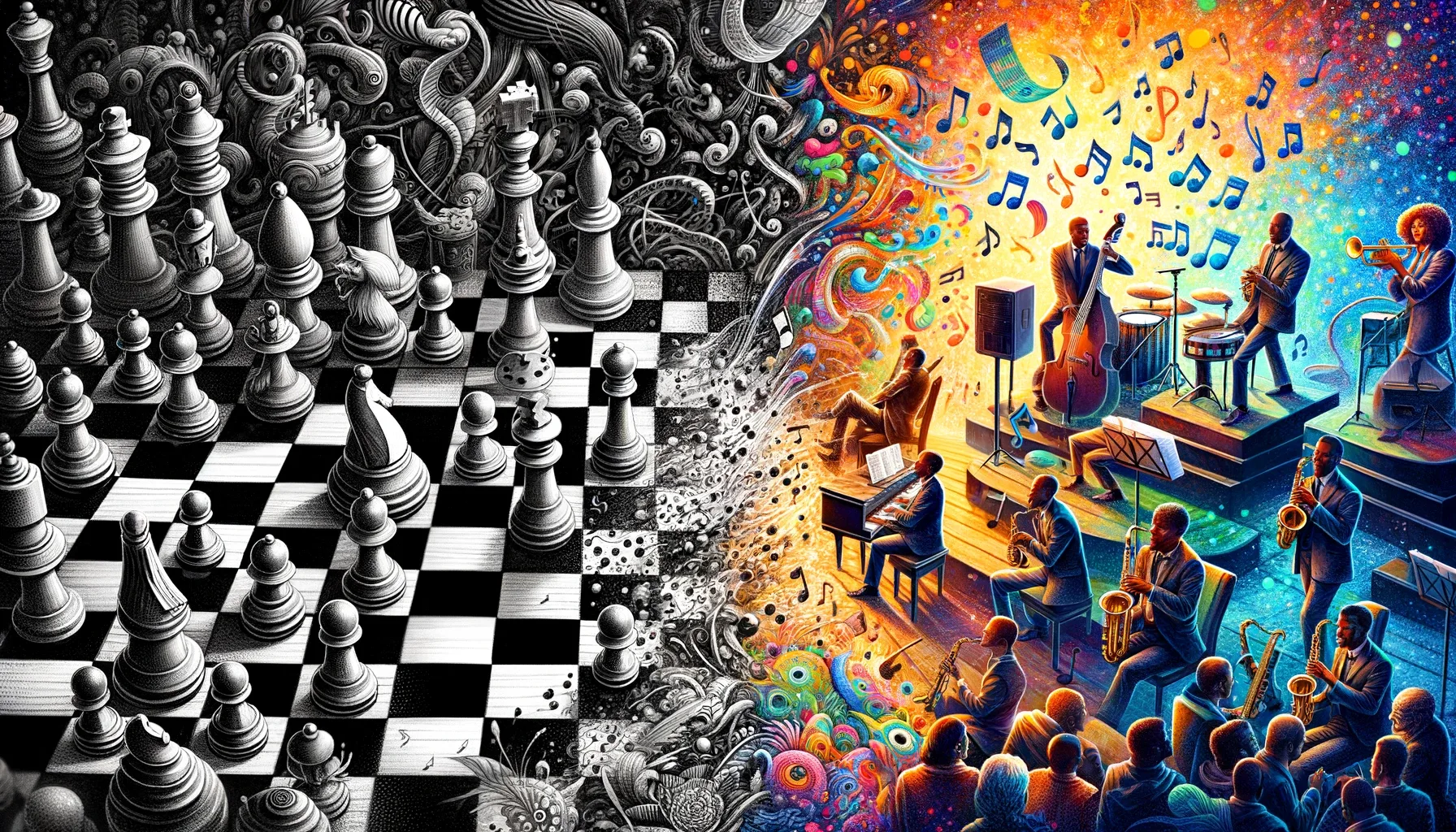 Effectuation vs. Causation. Kontrast, links Schachspiel, rechts Jazzband